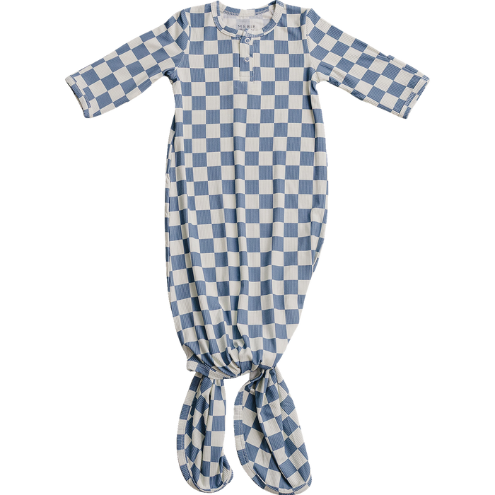 Blue Checkered Ribbed Bamboo Knot Gown