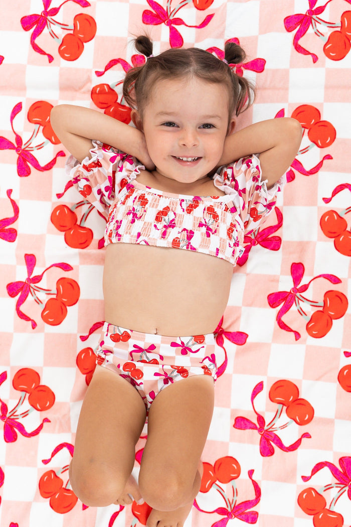 CHERRY SWEET CHECKERS DREAM SMOCKED OFF THE SHOULDER SWIM SUIT