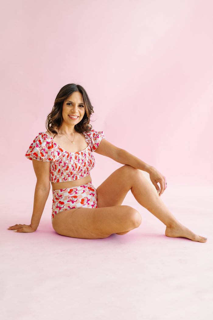 CHERRY SWEET CHECKERS DREAM SMOCKED OFF THE SHOULDER WOMENS SWIM SUIT