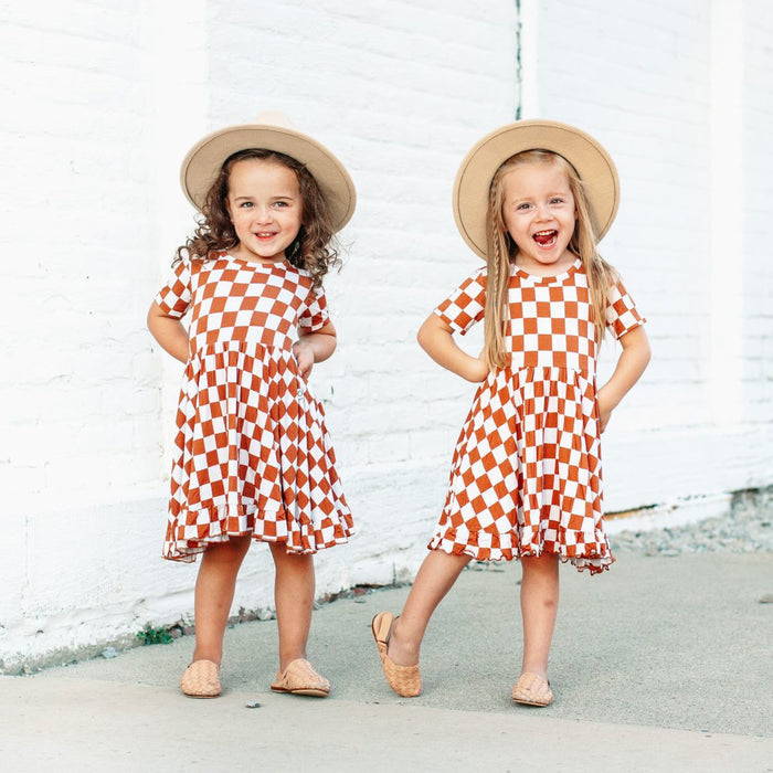 COPPER CHECKERS DREAM RUFFLE DRESS