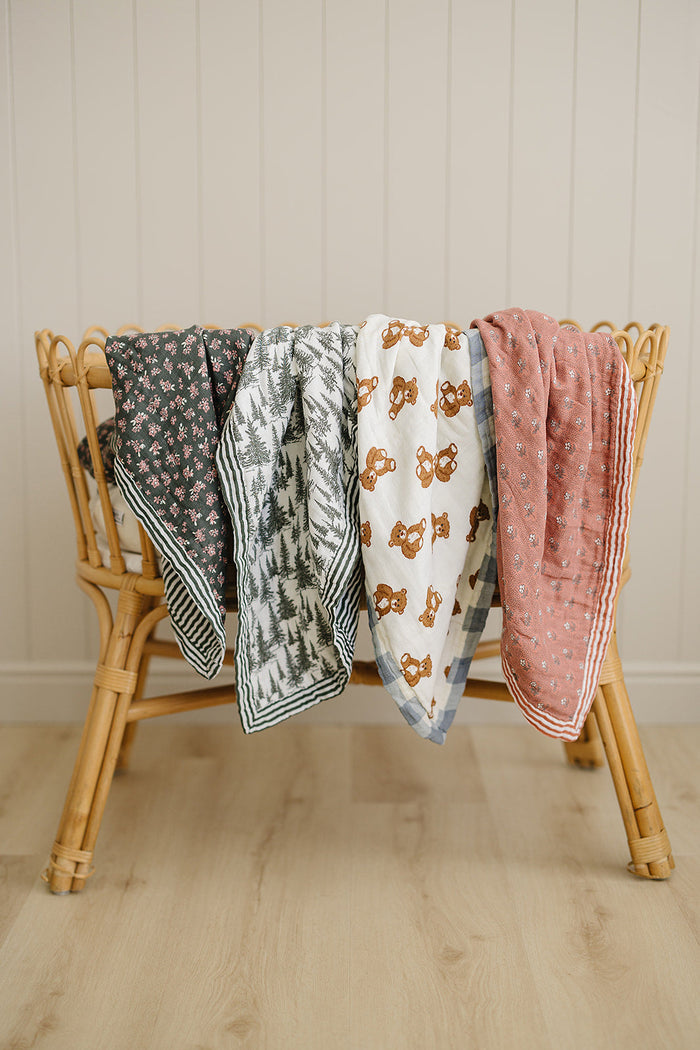 Dusty Blue Gingham + Teddy Bear Muslin Quilt