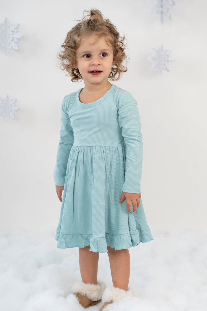 HAZY BLUE RIB DREAM RUFFLE DRESS