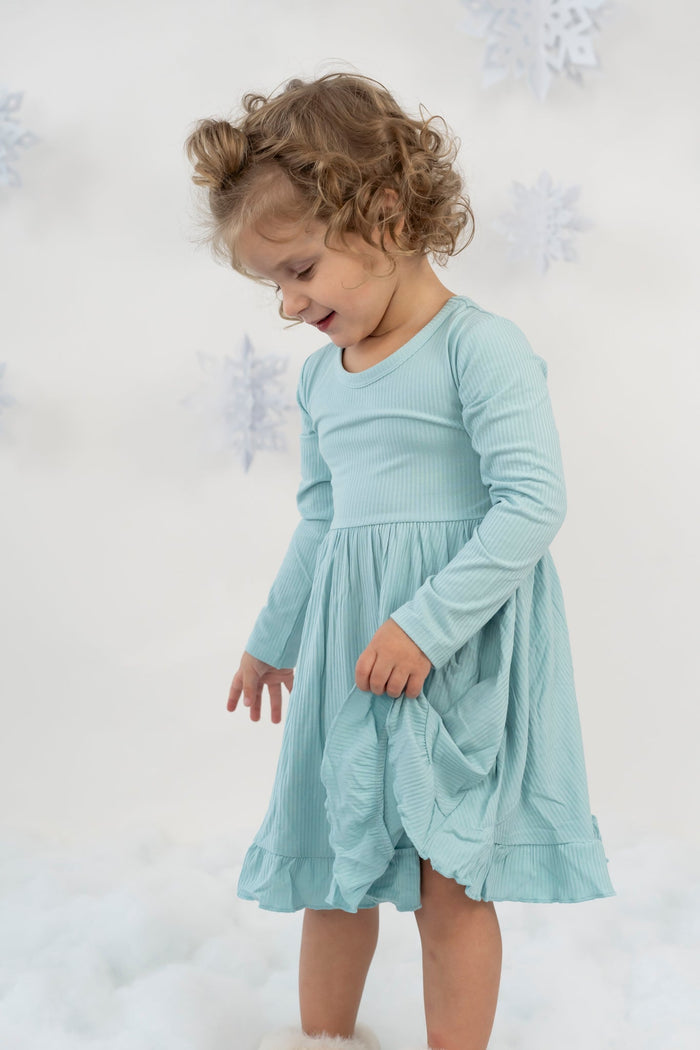 HAZY BLUE RIB DREAM RUFFLE DRESS