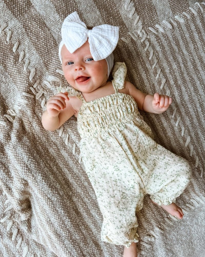 Paisley Smocked Ruffle Jumpsuit - White with Green Leaves