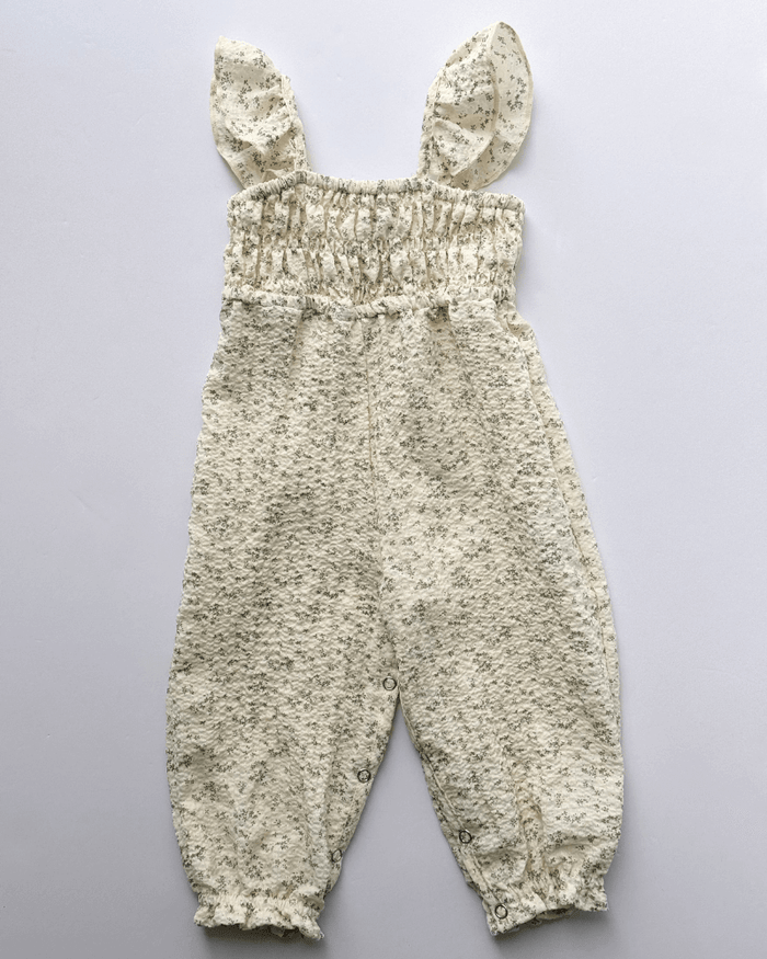 Paisley Smocked Ruffle Jumpsuit - White with Green Leaves