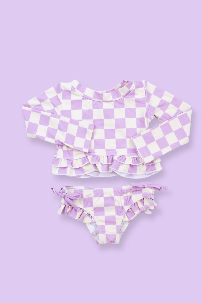 PERIWINKLE CHECKERS DREAM RASH GUARD RUFFLE TWO-PIECE SWIM SUIT