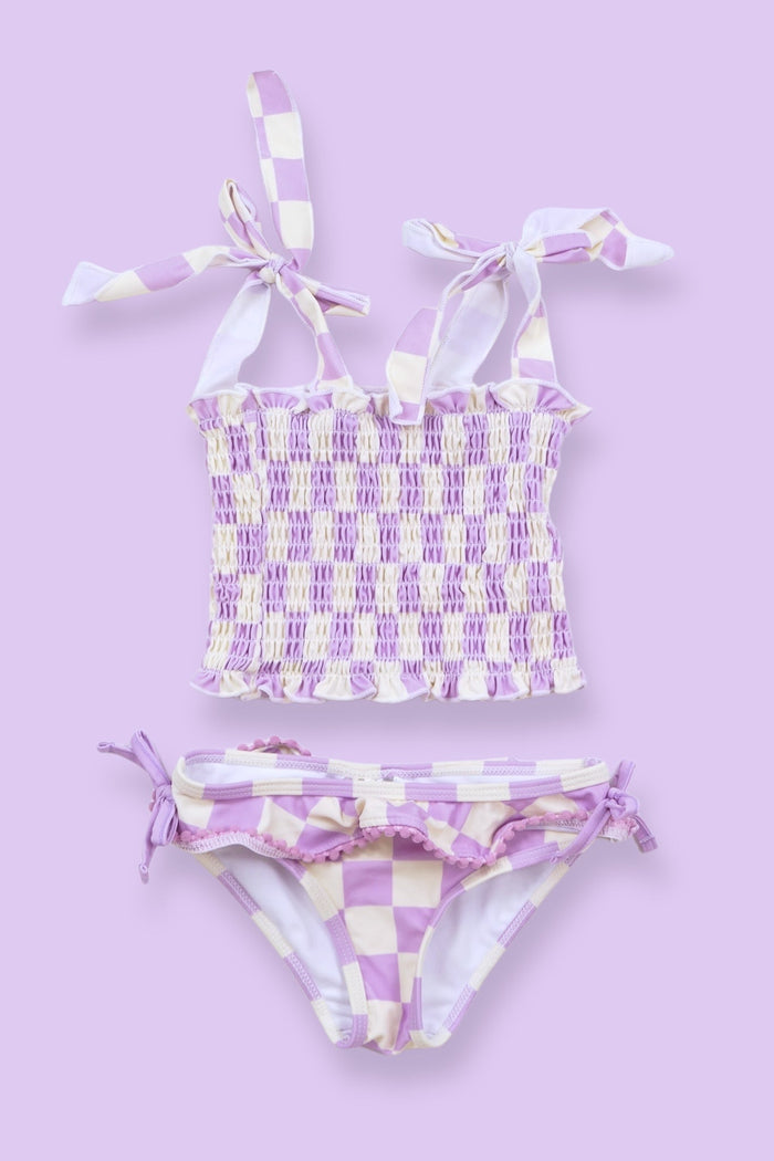 PERIWINKLE CHECKERS DREAM SMOCKED TANKINI TWO PIECE SWIM SUIT