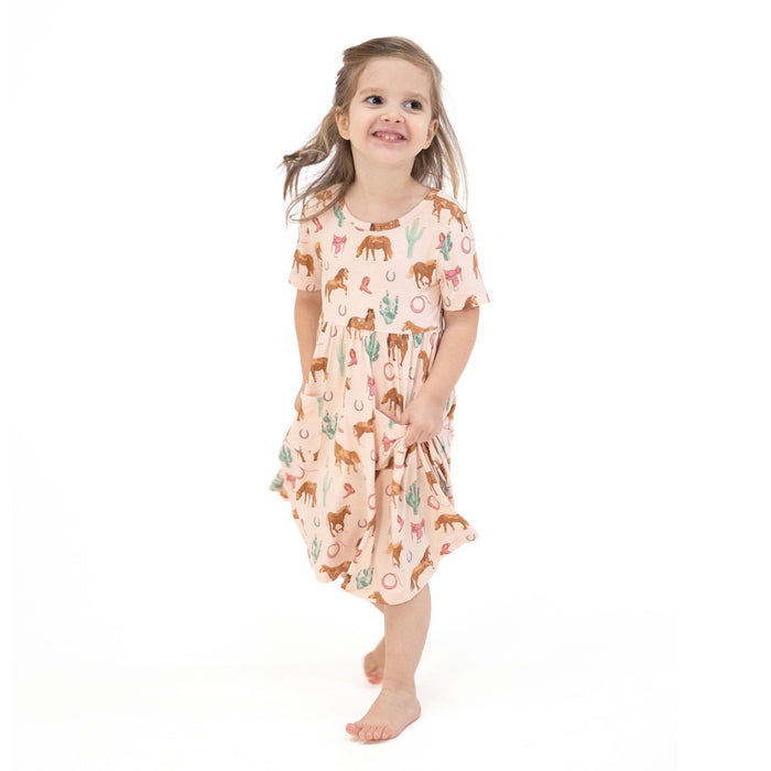 Short Sleeve Twirly Dress - Western Horses Pink