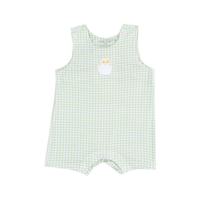 Sleeveless Shortie Romper with Baby Chick Applique - Mini Gingham Green