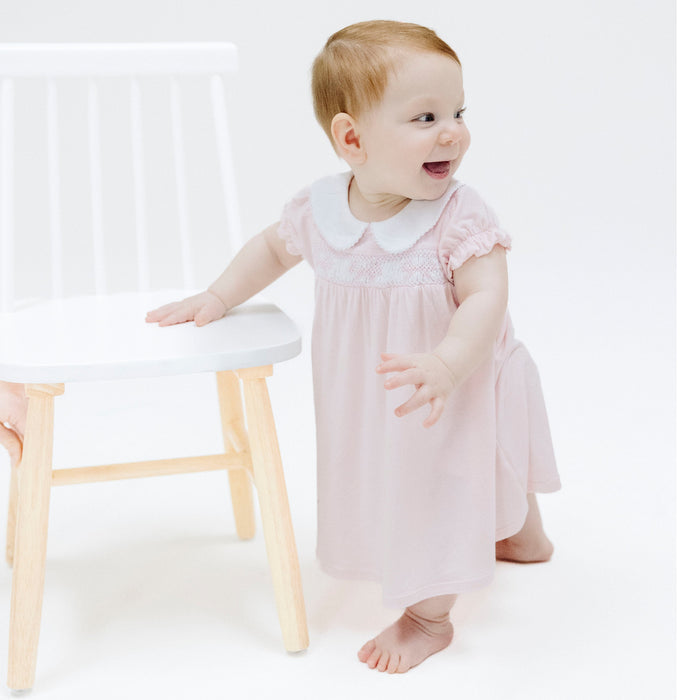 Smocked Peterpan Collar Dress +Ruffle Leg Bloomer - Solid Classic Pink