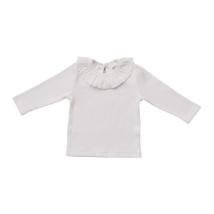 White Ribbed Ruffle Long Sleeve Top