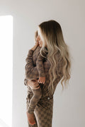 Women's Long Sleeve Bamboo Pajama | Faded Brown Checkerboard